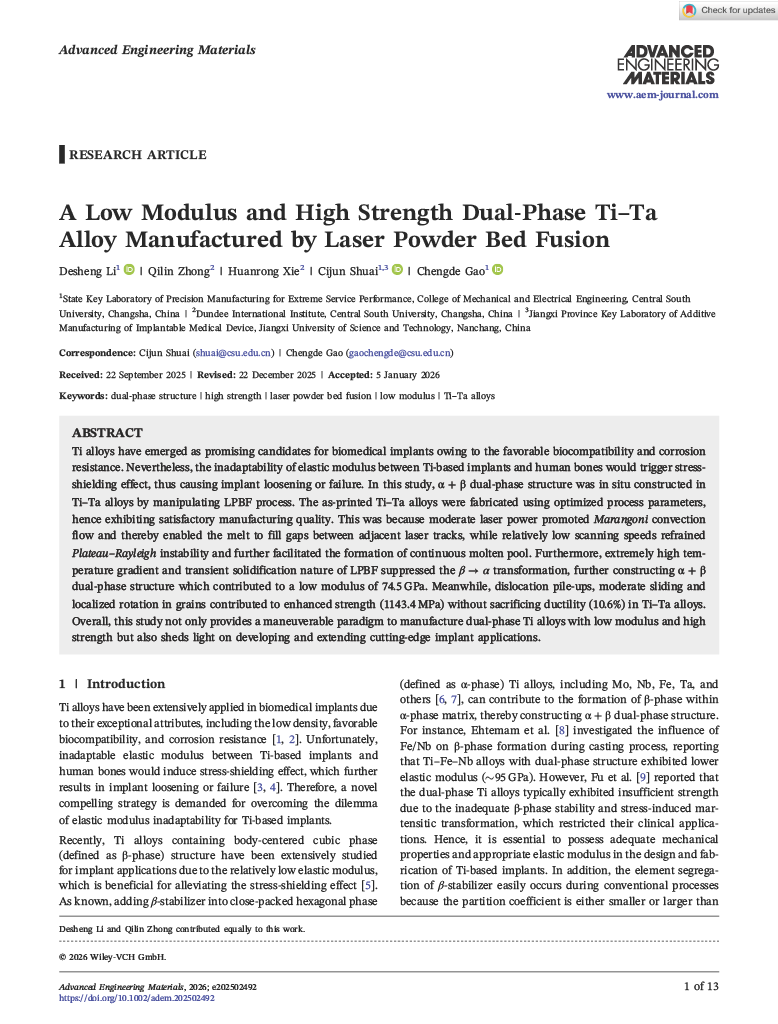 Publication preview: A Low Modulus and High Strength Dual-Phase Ti–Ta Alloy Manufactured by Laser Powder Bed Fusion