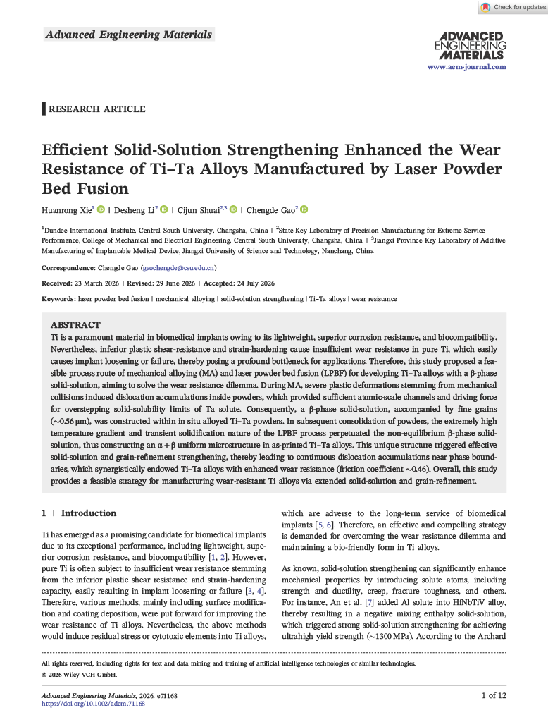 Publication preview: Efficient Solid-Solution Strengthening Enhanced the Wear Resistance of Ti–Ta Alloys Manufactured by Laser Powder Bed Fusion